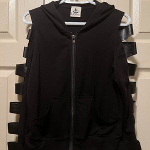 Black Zip Hoodie with Open Pleather Sleeves